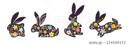 Black Bunny Silhouette with Spring Flowers Vector Set Black Bunny Silhouette with Spring Flowers Vector Set 114504172