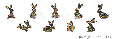 Black Bunny Silhouette with Spring Flowers Vector Set 114504175