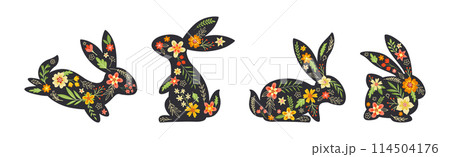 Black Bunny Silhouette with Spring Flowers Vector Set 114504176