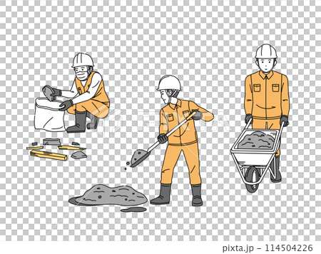 土木工事　瓦礫や泥を撤去する土木作業員の男性のイラスト 114504226