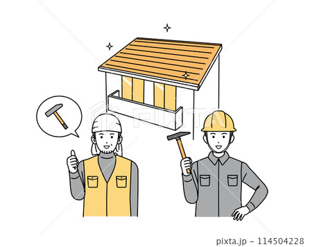 家を建てる、屋根修理する大工の男性のイラスト 114504228