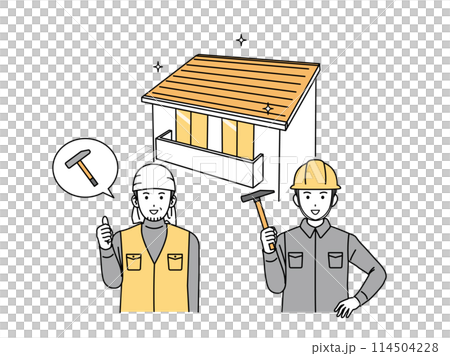 家を建てる、屋根修理する大工の男性のイラスト 114504228