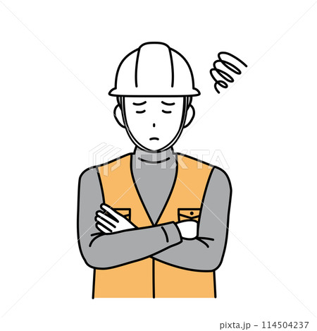 トラブル、困った表情をする大工、土方の男性のイラスト トラブル、困った表情をする大工、土方の男性のイラスト 114504237