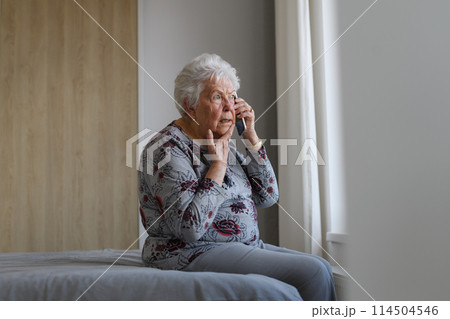 Senior woman making phone call, spending time alone in her apartment. Concept of loneliness and dependence of retired people. 114504546
