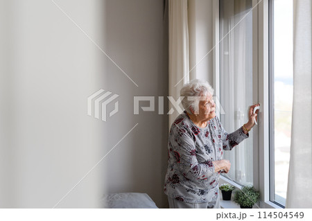 Senior woman looking out of window, spending time alone in her apartment. Concept of loneliness and dependence of retired people. 114504549