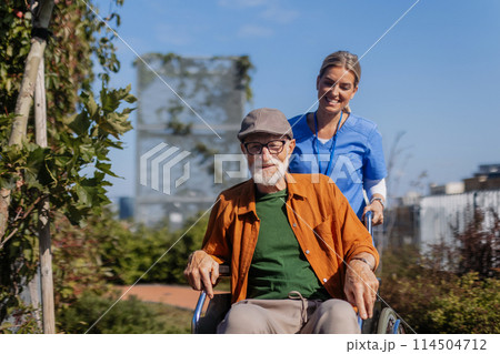 Nurse pushing senior man in wheelchair. Female caregiver and elderly man enjoying a warm autumn day in nursing home. 114504712