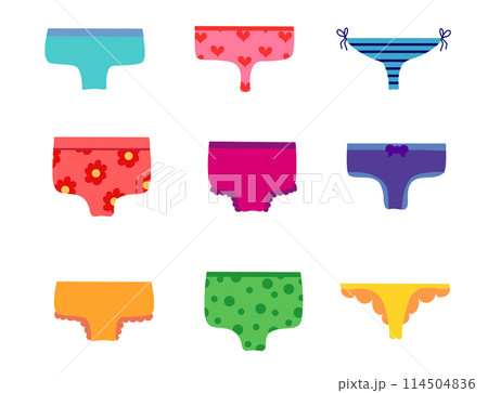 Set of women panties, underwear types string, thong, tanga, bikini. Cheeky, hipster, classic brief, slip, retro high waist or slimming underclothing collection. Cartoon Flat vector illustration. 114504836