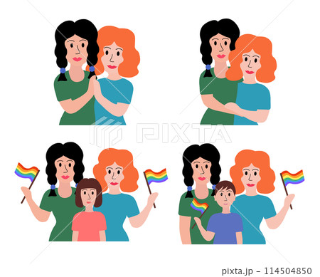 LGBT concept. Lesbian married couple. Women adopted boy or girl. Holding multicolored flag Pride Parade and hugging. Vector illustration in flat style. LGBT concept. Lesbian married couple. Women adopted boy or girl. Holding multicolored flag Pride Parade and hugging. Vector illustration in flat style. 114504850