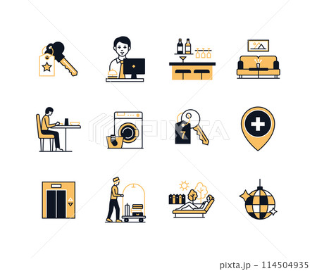 Routine and rest in the hotel - line design style icons set 114504935