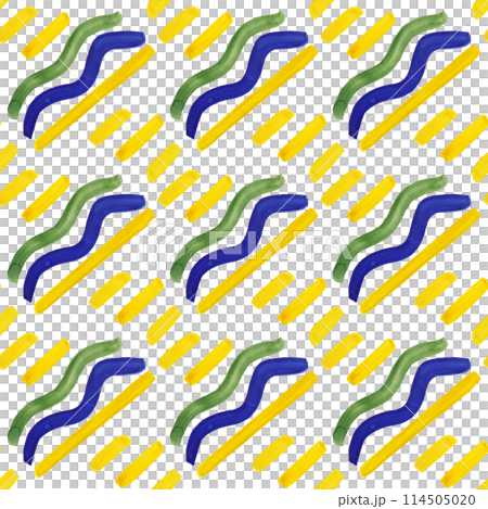 Flat basic retro banner. Gouache drawing. Wave stripe of blue, green and yellow. Abstract geometric ornament. Seamless pattern of brush stripes Flat basic retro banner. Gouache drawing. Wave stripe of blue, green and yellow. Abstract geometric ornament. Seamless pattern of brush stripes 114505020