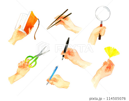 ツール・筆記用具などを持つ手のセット　手描き水彩イラスト素材集 114505076