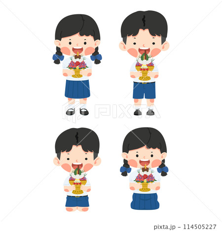 Kid Thai Student with Flower tray for Teacher day set 114505227