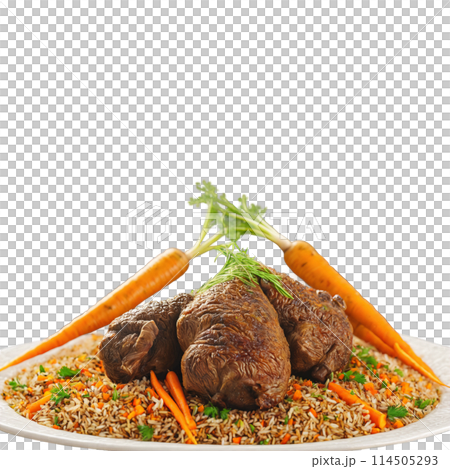 Uyghur polo tender lamb carrots onions cumin rice vibrant colors steaming Culinary and Food concept 114505293