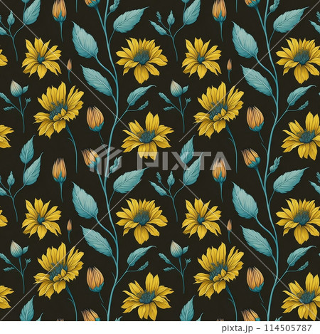 Seamless pattern with blue and yellow flowers with petals. Stylized illustration. Floral design on a dark vintage background. Botanical print for fabric, wallpaper, wrapping paper 114505787