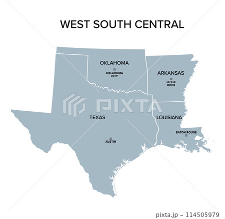 West South Central states, gray political map. United States Census division of the South region, consisting of the states Arkansas, Louisiana, Oklahoma, and Texas. Illustration. Vector 114505979
