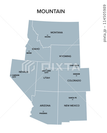 Mountain states, gray political map. United States Census division of the West region, consisting of the states Arizona, Colorado, Idaho, Montana, Nevada, New Mexico, Utah, and Wyoming. Illustration 114505989