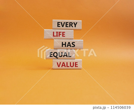 Equality symbol. Wooden blocks with words Every Life has Equal Value. Beautiful orange background. Equality and life concept. Copy space. 114506039