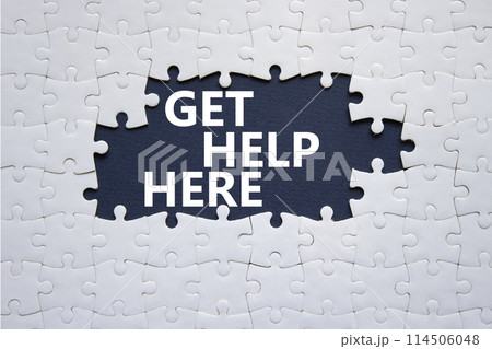 Get help here symbol. White puzzle with words Get help here. Beautiful deep blue background. Business and Get help here concept. Copy space. Get help here symbol. White puzzle with words Get help here. Beautiful deep blue background. Business and Get help here concept. Copy space. 114506048