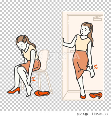 Illustration of a woman wearing high heels and feeling leg fatigue 114506075
