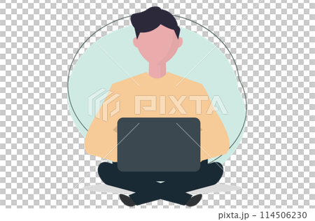 一名男子盤腿坐著擺弄智慧型手機。向量圖 114506230