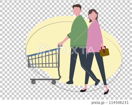Family pushing a shopping cart and shopping. Couple enjoying shopping. Vector illustration Family pushing a shopping cart and shopping. Couple enjoying shopping. Vector illustration 114506231