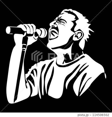 Man singer silhouette, man singing on microphone, singer singing silhouette, vocalist singing to microphone 114506502