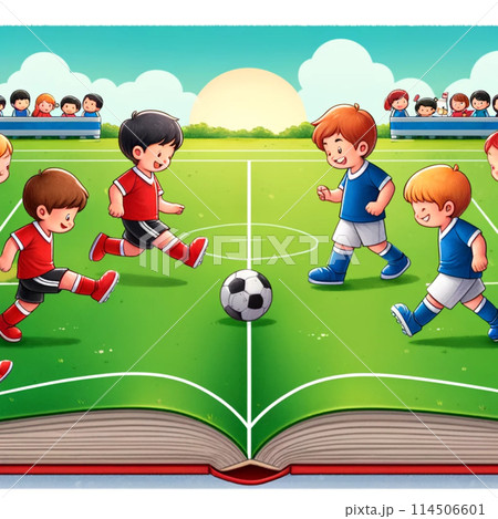 絵本の中の世界でサッカーをする少年たち 114506601