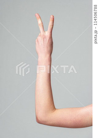 Raised Hand Making Peace Sign Against Plain Gray Background 114506788