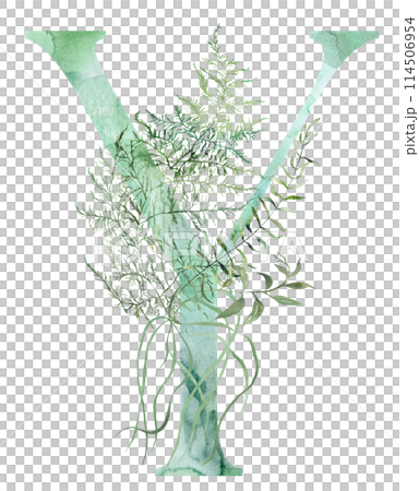 Green letter Y with Watercolor whimsical tender leaves isolated illustration, wedding element 114506954