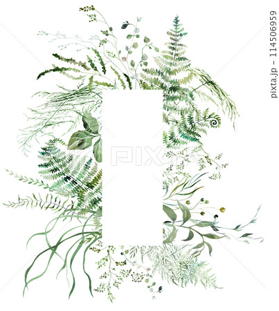 Frame with watercolor pastel wild flowers and leaves,  hand drawn wedding illustration 114506959