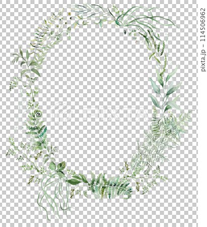 Oval frame with Watercolor fragile stems and tiny green leaves isolated illustration, botanical wedding 114506962