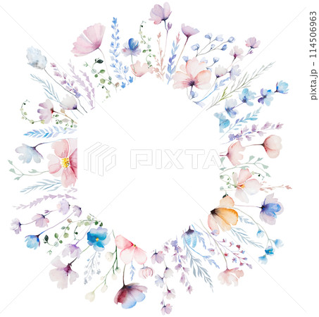 Frame with watercolor pastel wild flowers and leaves,  hand drawn wedding illustration 114506963