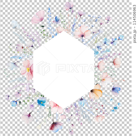 Frame with watercolor pastel wild flowers and leaves,  hand drawn wedding illustration 114506963