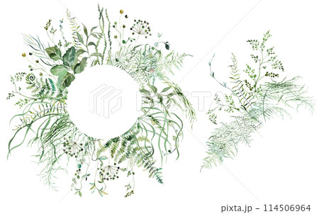 Frame and bouquet with Watercolor fragile stems and tiny green leaves wedding illustration 114506964