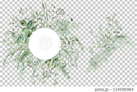 Frame and bouquet with Watercolor fragile stems and tiny green leaves wedding illustration 114506964