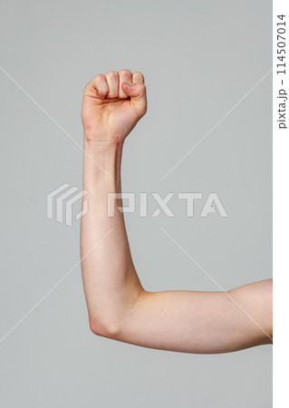 Raised Right Arm With a Clenched Fist Against a Neutral Background Raised Right Arm With a Clenched Fist Against a Neutral Background 114507014