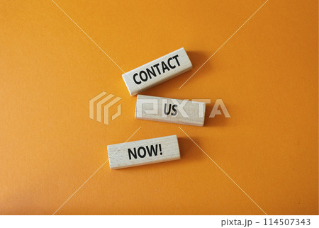 Contact us now symbol. Wooden blocks with words Contact us now. Beautiful orange background. Business and Contact us now concept. Copy space. 114507343
