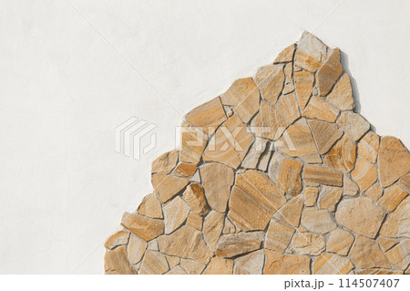 Stone sample rough mountain rock solid object grey on white light wall pattern background, empty space blank abstract 114507407