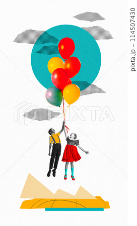 Monochrome image of little boy and girl flying with colorful air balloons against abstract background. Fairytale and imagination. Contemporary art collage. 114507430