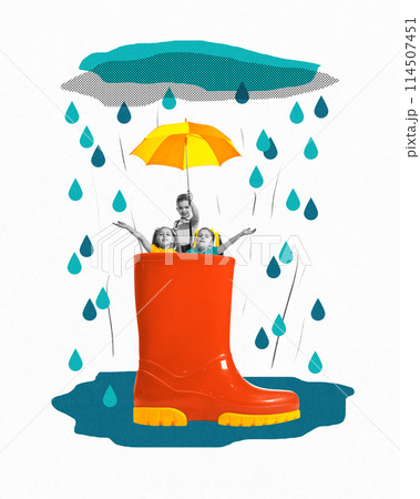 Friendship and unity. Little kids standing inside rubber boot under umbrella against white background with abstract elements. Contemporary art collage. Friendship and unity. Little kids standing inside rubber boot under umbrella against white background with abstract elements. Contemporary art collage. 114507451