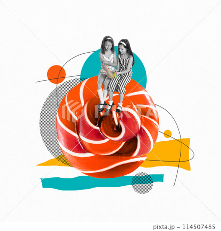 Monochrome image of happy smiling girls, children sitting on colorful giant lollipop and playing against white background. Contemporary art collage. Monochrome image of happy smiling girls, children sitting on colorful giant lollipop and playing against white background. Contemporary art collage. 114507485