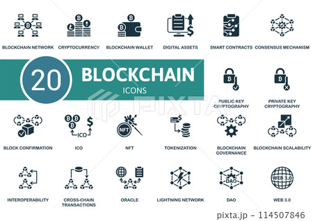 Blockchain set. Creative icons. Editable elements. Monochrome. 114507846