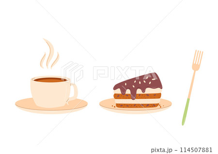 Coffee with slice of cake and fork. Sweet bakery piece with hot beverage. Pastry dessert with cream for breakfast. Vector illustration isolated on white background 114507881