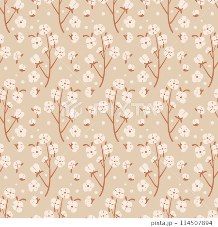 Cotton plant seamless pattern. Branch with flowers and ripe bolls endless background. Purity, innocence, and new beginnings symbols repeat background. Vector hand drawn flat illustration 114507894