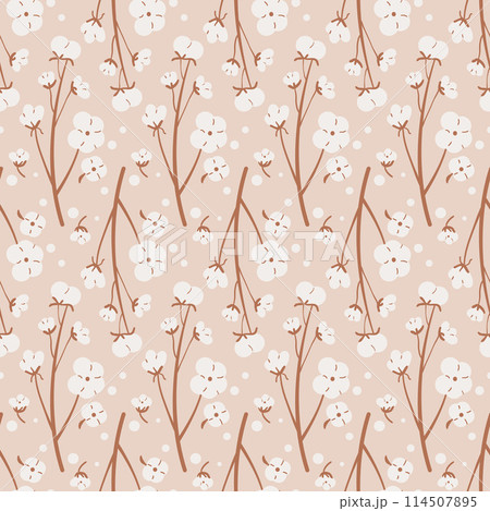 Vector seamless pattern of cotton branch with flowers. Endless background of plant of cotton with ripe bolls. Organic plant repeat cover. Soft fabric loop ornament tile. Hand drawn illustration 114507895