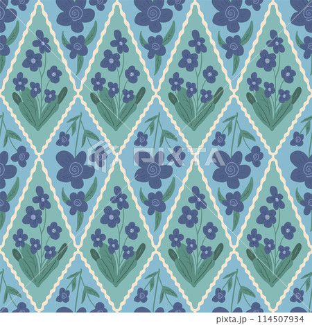Retro flowers seamless pattern. Floral endless background on rhombus shapes. Wild flower geometric naive ornament tile. Vintage botanic repeat cover. Vector flat hand drawn illustration. 114507934