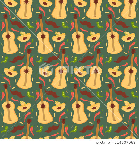 Mexican seamless pattern. Guitar and sombrero repeat background. Hats of mariachi musicians and pepper endless cover. Festive loop ornament. Vector illustration. Mexican seamless pattern. Guitar and sombrero repeat background. Hats of mariachi musicians and pepper endless cover. Festive loop ornament. Vector illustration. 114507968