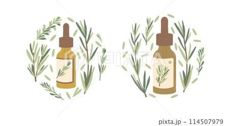 Rosemary essential oil circle emblem isolated on white background. Fresh herb branch with green leaves and glass dropper bottles round composition. Vector hand drawn illustration. 114507979