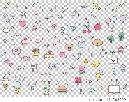 A vector illustration set of cute decorative illustrations. Concentrated lines, attention, arrows, flowers, sweets, gifts, hearts A vector illustration set of cute decorative illustrations. Concentrated lines, attention, arrows, flowers, sweets, gifts, hearts 114508009