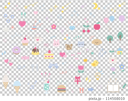 可愛的裝飾插圖的向量插圖集。集中線，注意力，箭頭，花，糖果，禮物，心 114508010